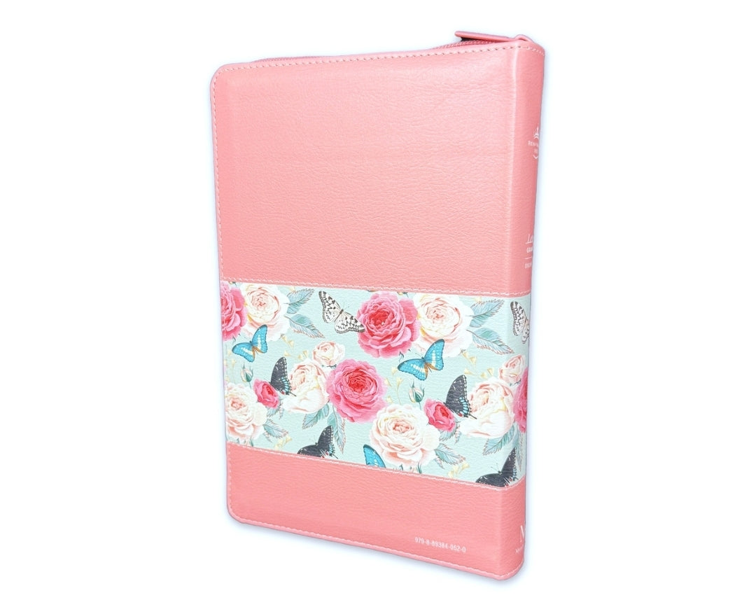 Biblia con Cierre Letra Grande 12 puntos para Mujer RV1960 imit. piel salmon floral con índice y canto mariposa