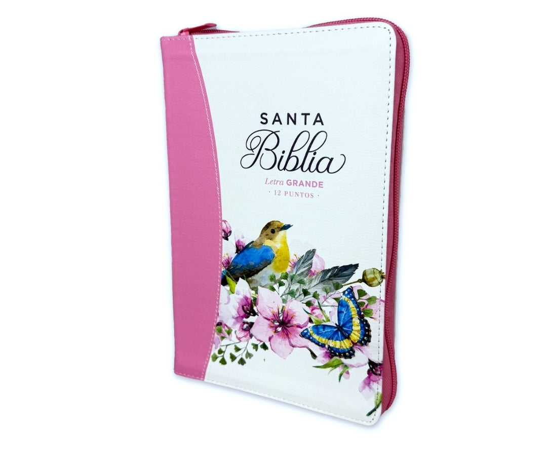 Biblia con Cierre Letra Grande 12 puntos RV1960 imit. piel rosa pajaro floral con índice y canto pintado primaveral rosado