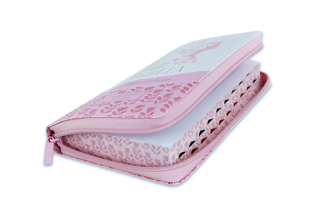 Biblia con Cierre Letra Grande 12 puntos RV1960 imit piel floral rosa y blanco con índice y canto floral - Mujer Virtuosa
