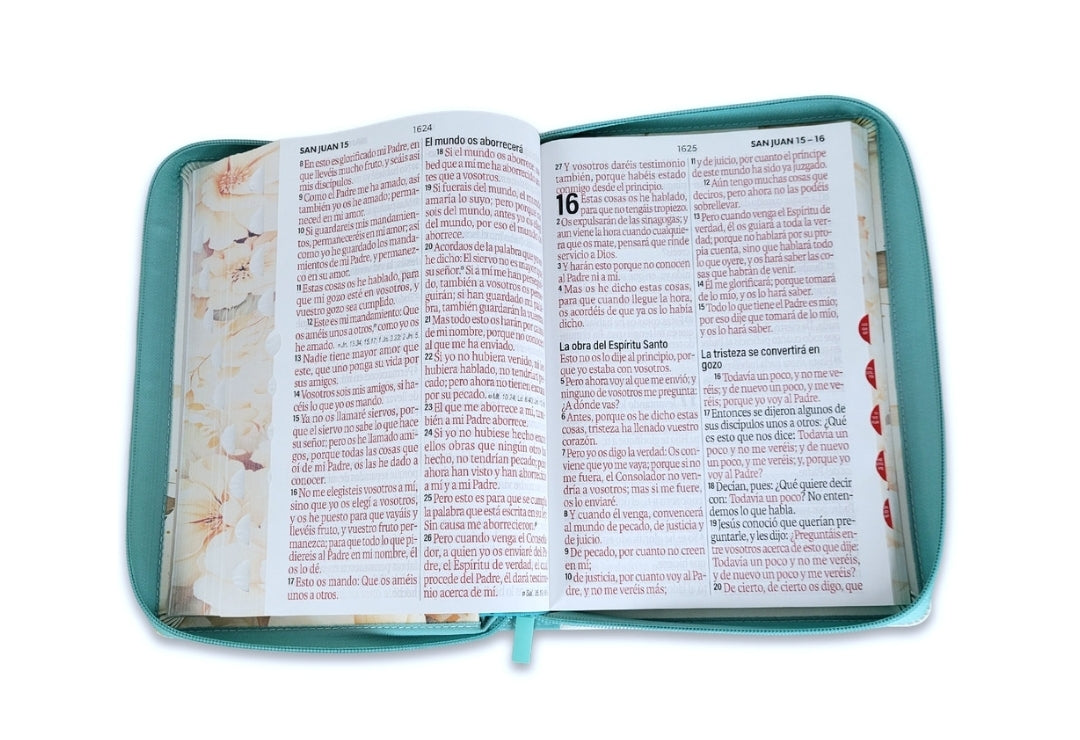 Biblia con Cierre Letra Súper Gigante 19 puntos Mediana RV1960 imit piel verde fantasía floral con índice y canto floral