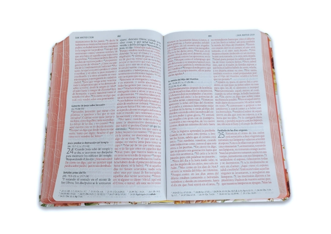 Biblia Tamaño Manual RV1960, tapa dura blanco y coral con canto floral