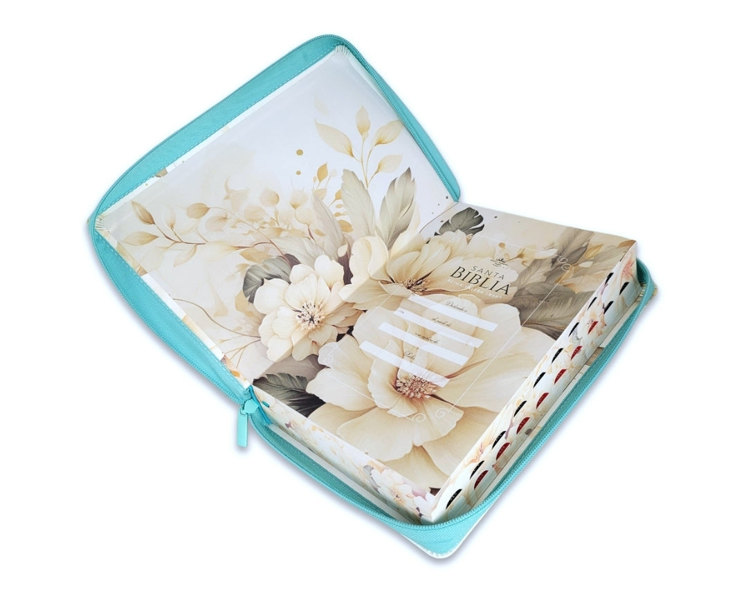 Biblia con Cierre Letra Súper Gigante 19 puntos Mediana RV1960 imit piel verde fantasía floral con índice y canto floral