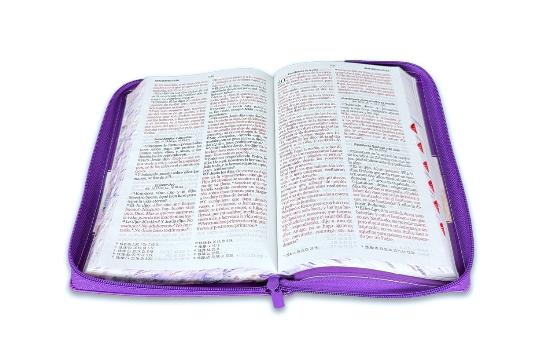 Biblia con Cierre Letra Grande 12 puntos para Mujer RV1960 imit. piel lila floral con índice y canto floral lila