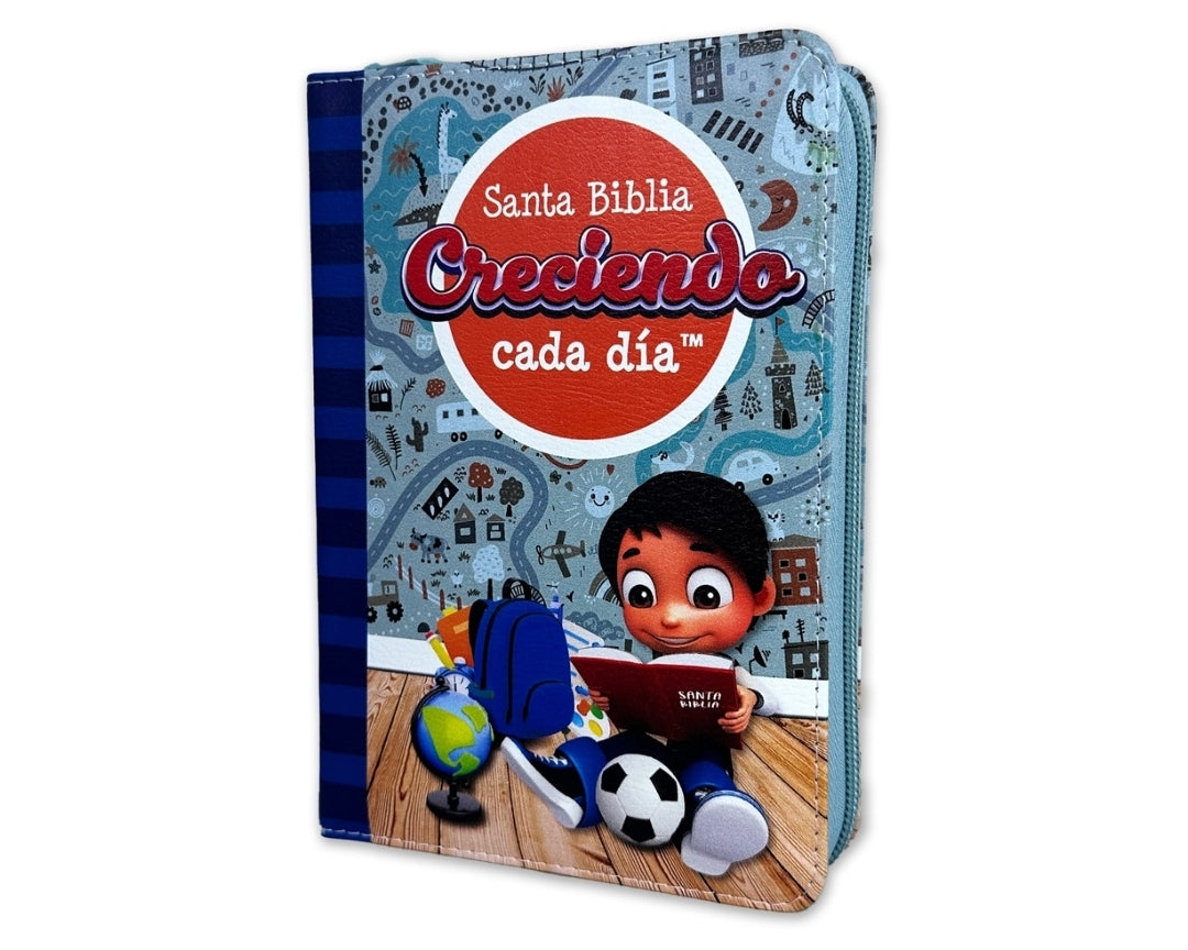 Biblia para Niños Creciendo cada Día compacta con Cierre RV1960 imit piel azul y gris