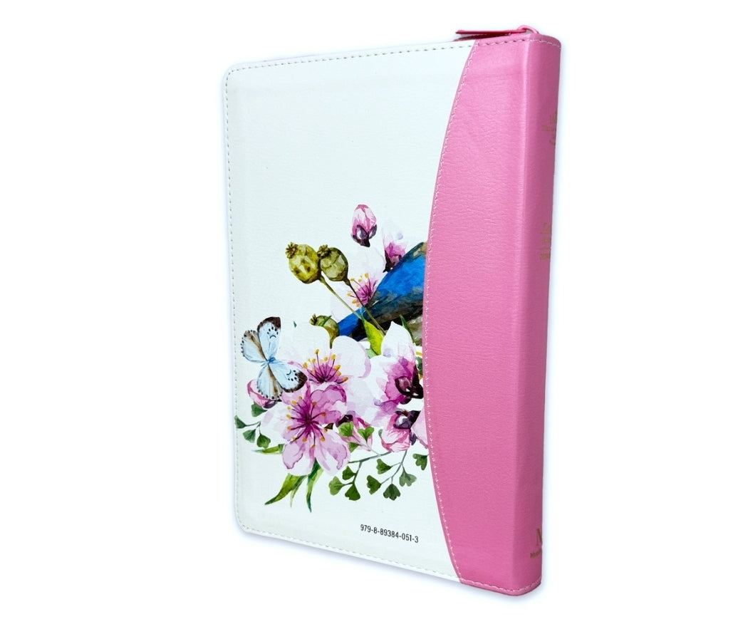 Biblia con Cierre Letra Grande 12 puntos RV1960 imit. piel rosa pajaro floral con índice y canto pintado primaveral rosado