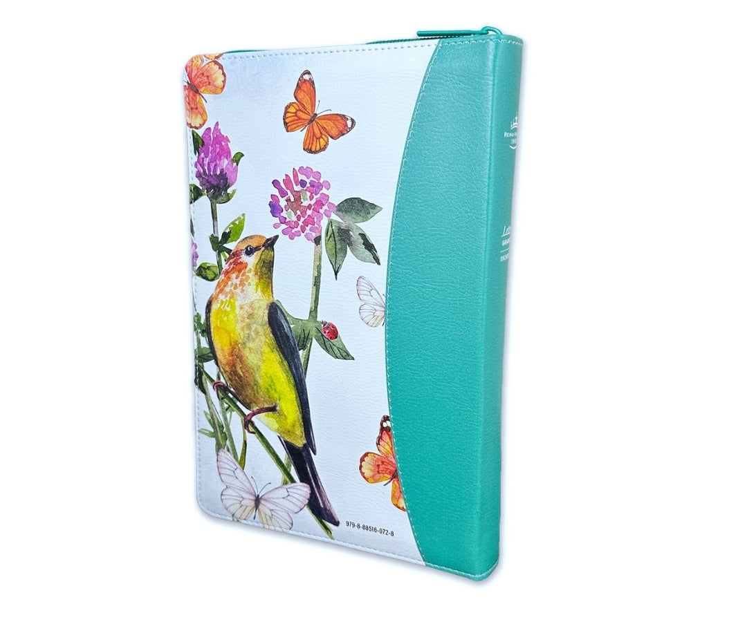 Biblia con Cierre Letra Grande 12 puntos RV1960 imit. piel floral/mariposas turquesa con índice y canto floral