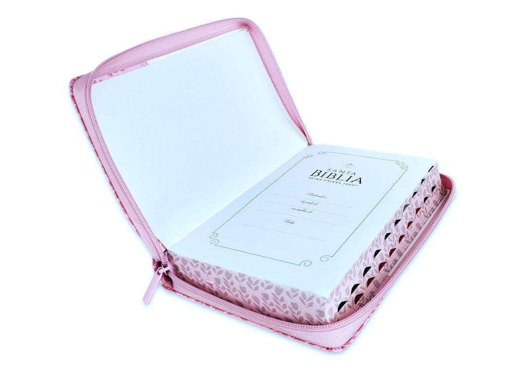 Biblia Quinceañera con Cierre Compacta 11 puntos RV1960, imit piel blanco floral con índice
