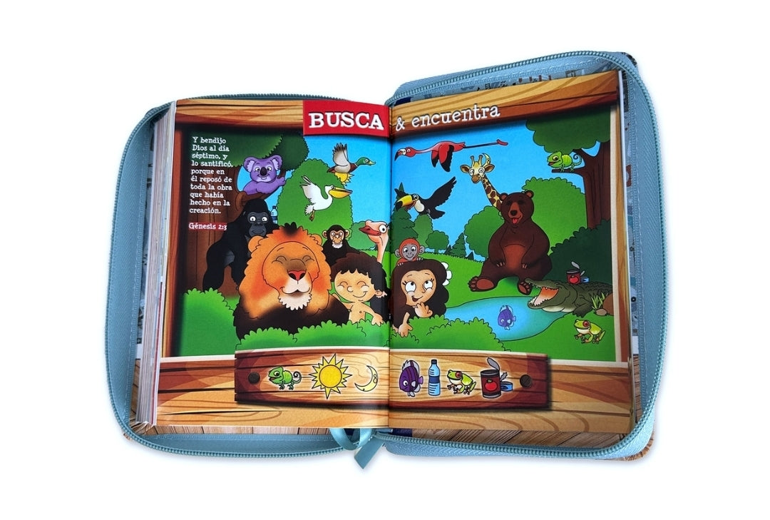 Biblia para Niños Creciendo cada Día compacta con Cierre RV1960 imit piel azul y gris