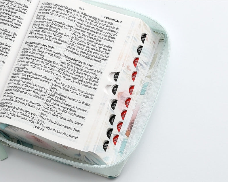 Biblia con Cierre compacta 12 puntos RV1960, imit piel flores azul con índice y canto floral