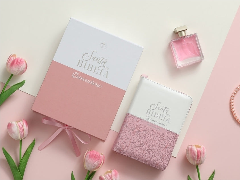Biblia Quinceañera con Cierre y con Caja de Regalo RV1960 imit. piel rosa plateado con índice