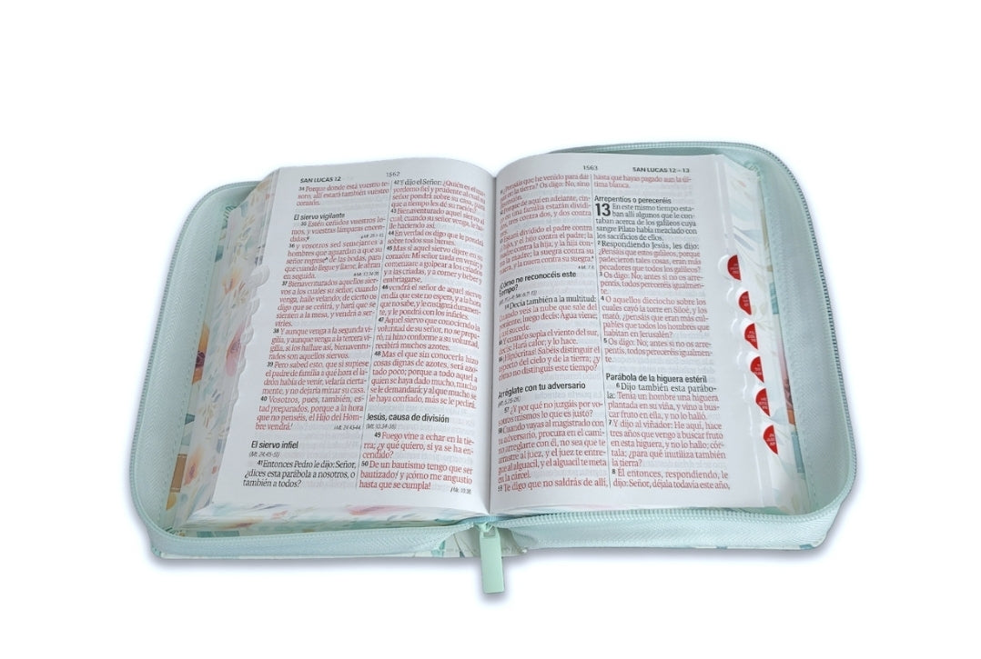 Biblia con Cierre compacta 12 puntos RV1960, imit piel flores azul con índice y canto floral