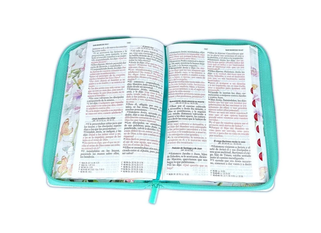 Biblia con Cierre Letra Grande 12 puntos RV1960 imit. piel floral/mariposas turquesa con índice y canto floral