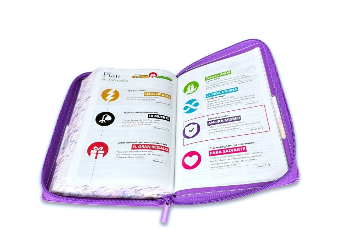 Biblia con Cierre Letra Grande 12 puntos para Mujer RV1960 imit. piel lila floral con índice y canto floral lila