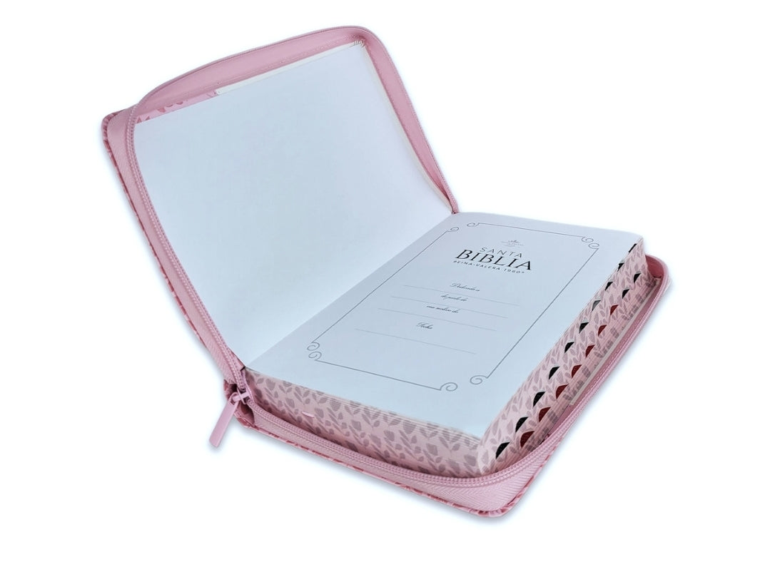 Biblia con Cierre Letra Grande 12 puntos RV1960 imit piel floral rosa y blanco con índice y canto floral - Mujer Virtuosa