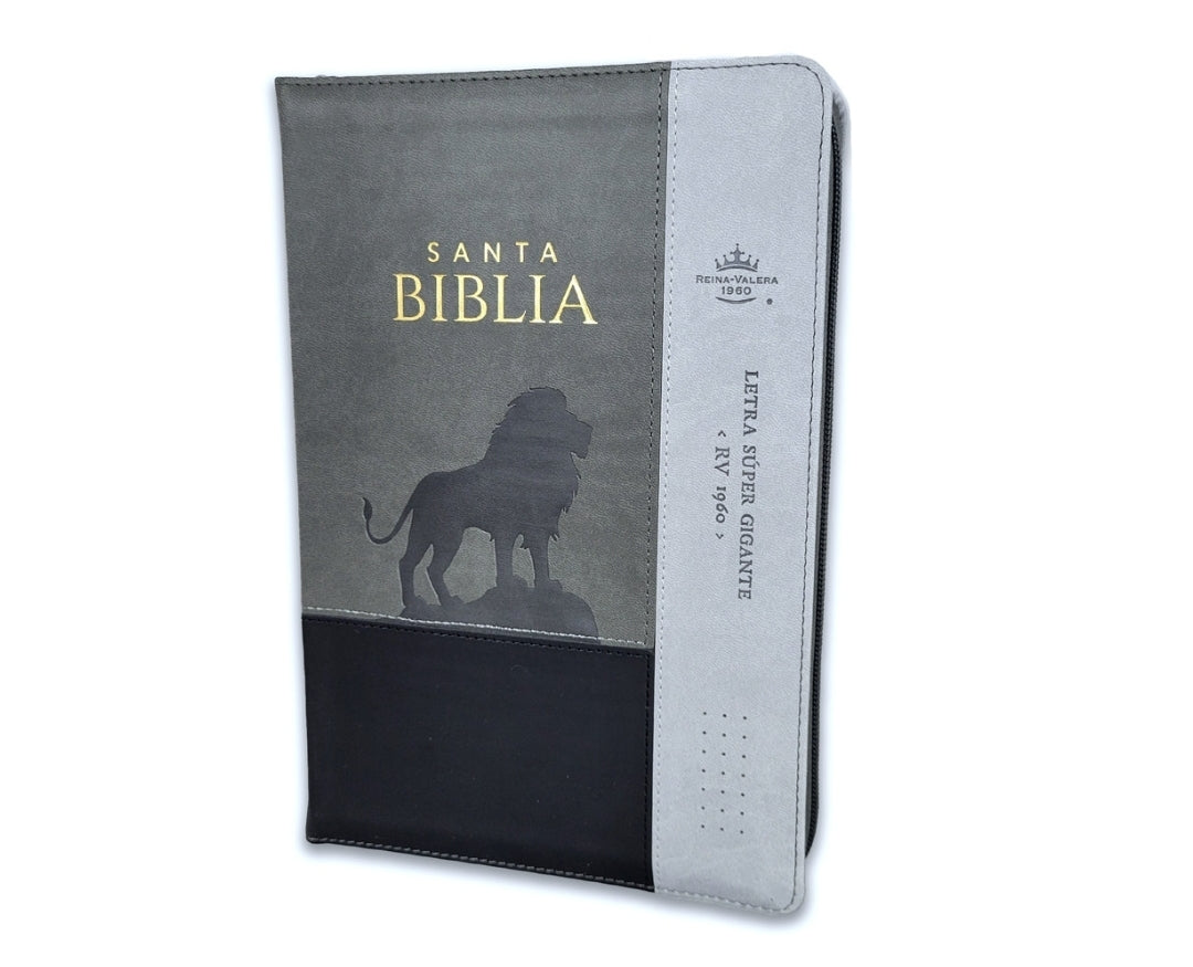 Biblia con Cierre Letra Súper Gigante 19 puntos Mediana RV1960 duotono león gris y negro con índice