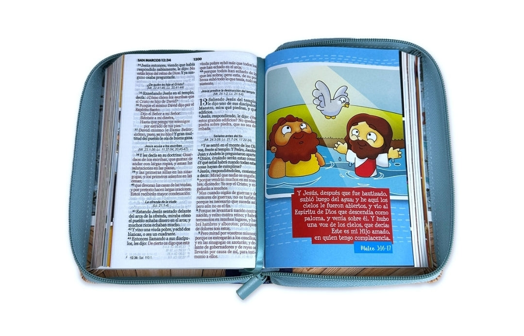 Biblia para Niños Creciendo cada Día compacta con Cierre RV1960 imit piel azul y gris