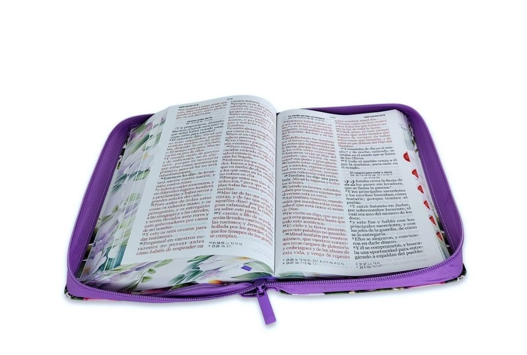 Biblia con Cierre Letra Gigante Manual 14 puntos RV1960 imit piel flores púrpura con índice y canto floral