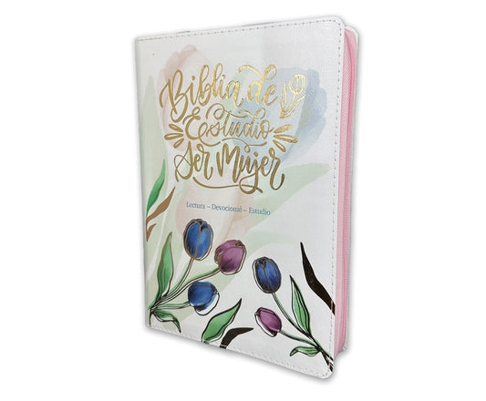 Biblia de Estudio Ser Mujer con Cierre Letra Grande RV1960, imit. piel rosa floral y tulipanes con índice