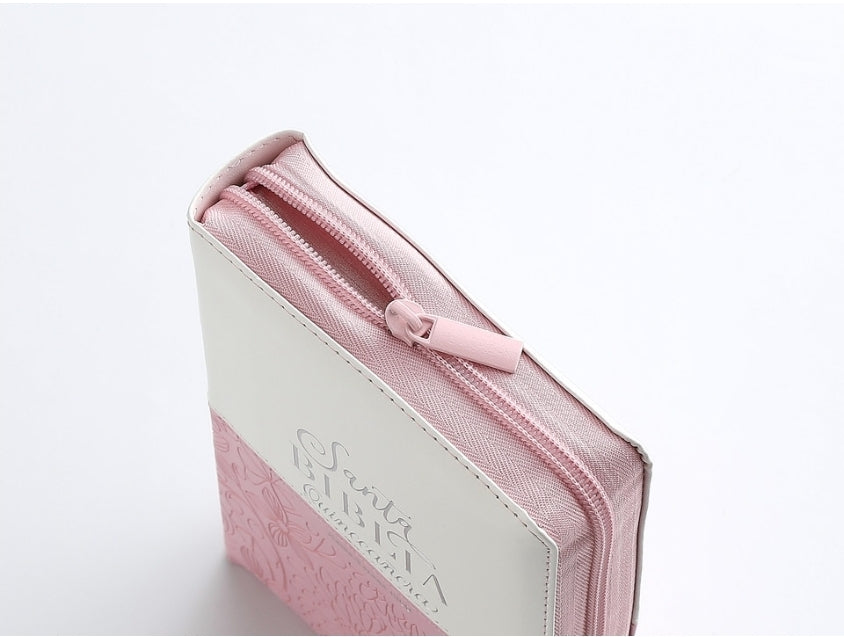 Biblia Quinceañera con Cierre y con Caja de Regalo RV1960 imit. piel rosa plateado con índice