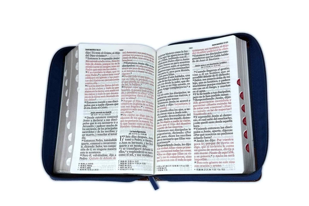 Biblia con Cierre Letra Gigante Manual 14 puntos RV1960 imit duotono azul y café con índice - Examíname, oh Dios