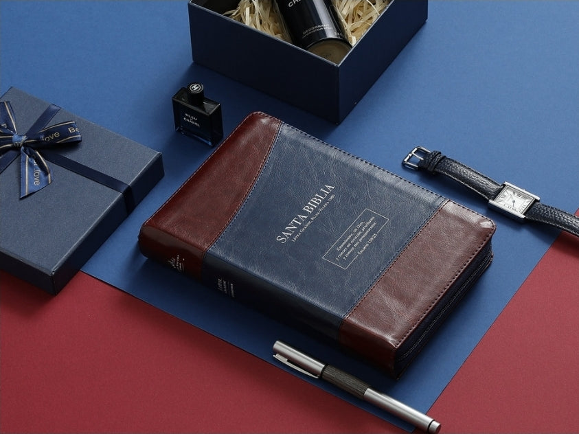 Biblia con Cierre Letra Gigante Manual 14 puntos RV1960 imit duotono azul y café con índice - Examíname, oh Dios
