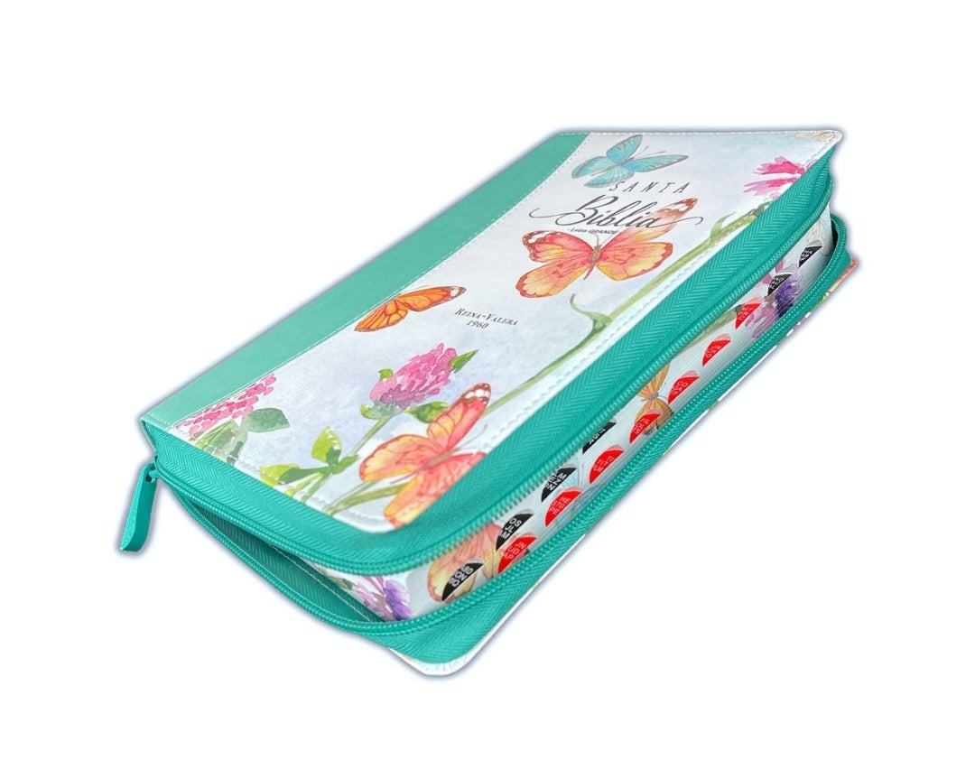 Biblia con Cierre Letra Grande 12 puntos RV1960 imit. piel floral/mariposas turquesa con índice y canto floral