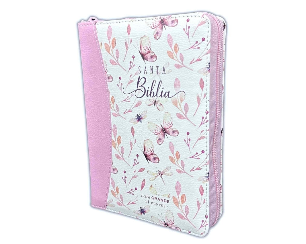 Biblia con Cierre Compacta 11 puntos RV1960 imit piel con canto pintado rosado y mariposas con índice