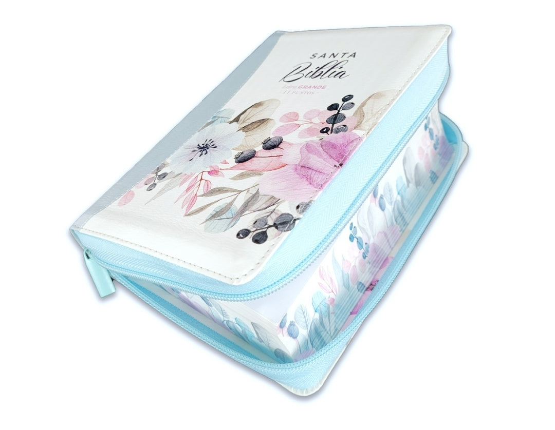 Biblia con Cierre Compacta 11 puntos RV1960 imit piel con canto pintado primaveral azul claro