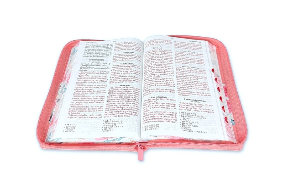 Biblia con Cierre Letra Grande 12 puntos para Mujer RV1960 imit. piel salmon floral con índice y canto mariposa