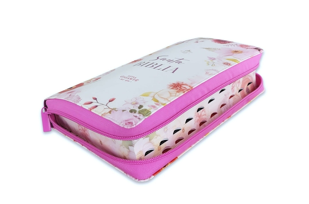 Biblia con Cierre Letra Gigante Manual 14 puntos RV1960 imit piel flores violeta con índice y canto floral