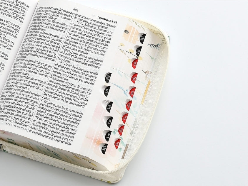 Biblia con Cierre compacta 12 puntos RV1960, imit piel blanco flores con índice y canto floral