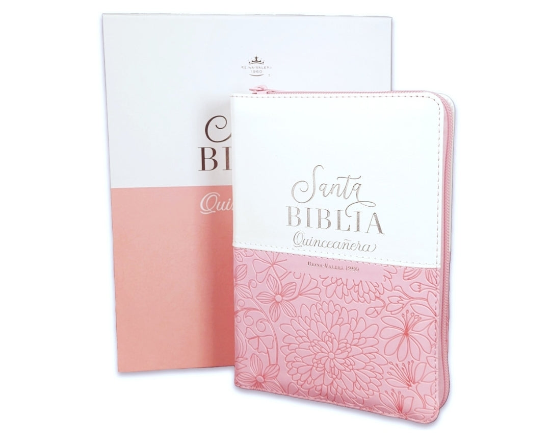 Biblia Quinceañera con Cierre y con Caja de Regalo RV1960 imit. piel rosa plateado con índice