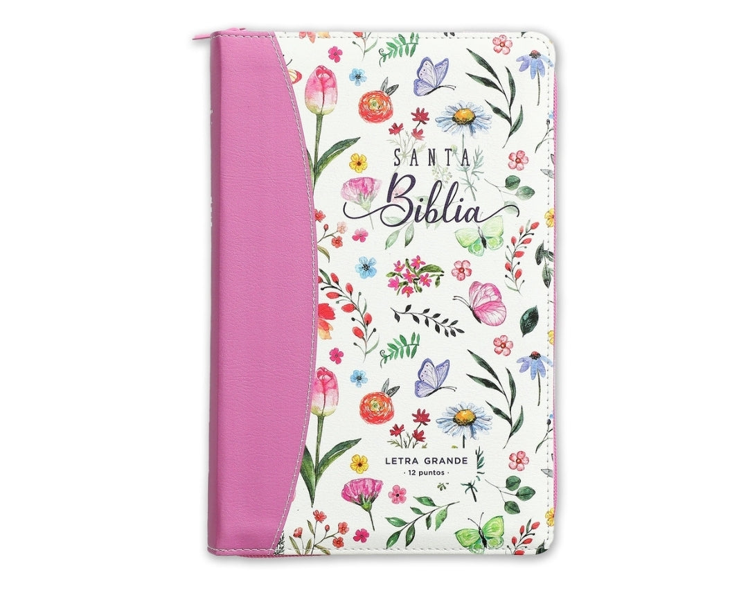 Biblia con Cierre Letra Grande 12 puntos RV1960 imit. floral rosa con índice y canto floral