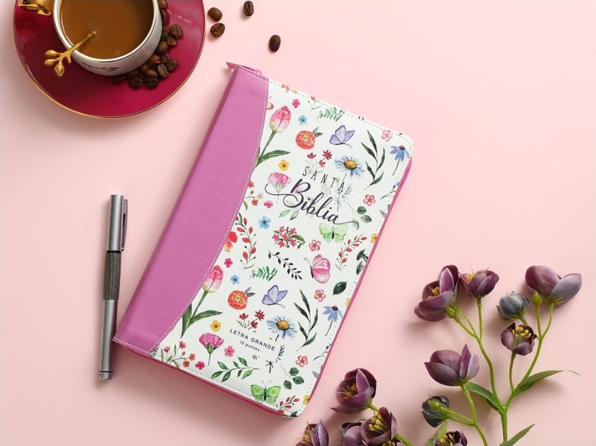 Biblia con Cierre Letra Grande 12 puntos RV1960 imit. floral rosa con índice y canto floral