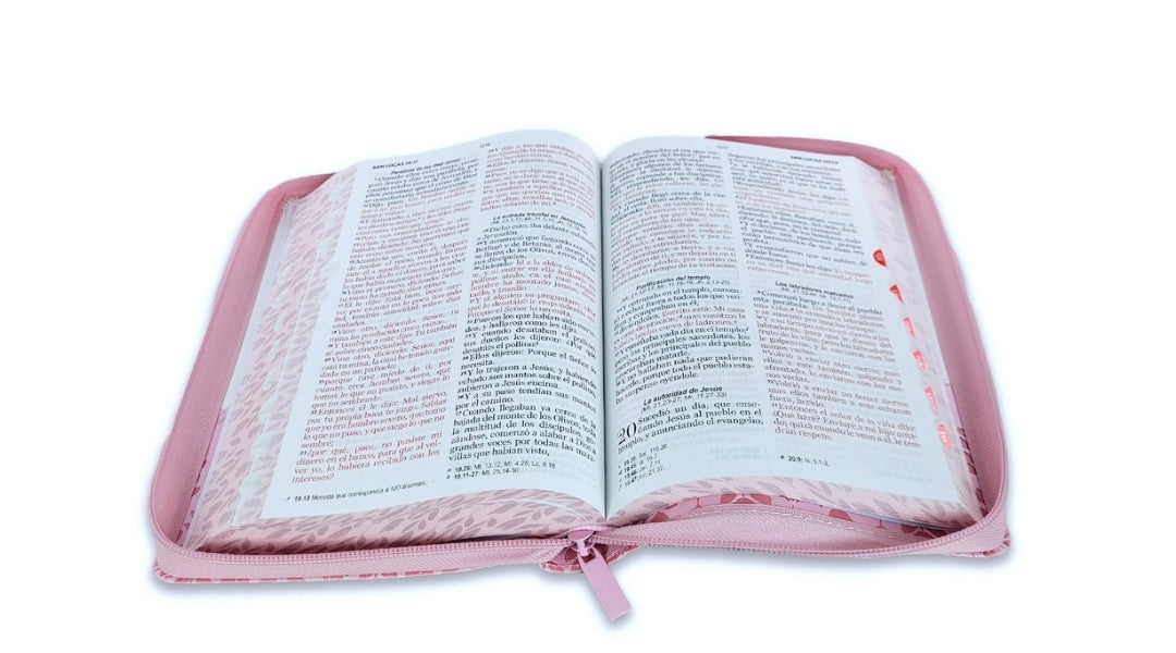 Biblia con Cierre Letra Grande 12 puntos RV1960 imit piel floral rosa y blanco con índice y canto floral - Mujer Virtuosa