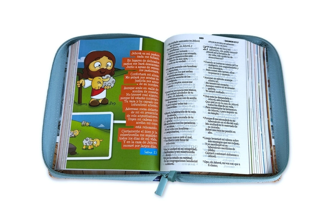 Biblia para Niños Creciendo cada Día compacta con Cierre RV1960 imit piel azul y gris