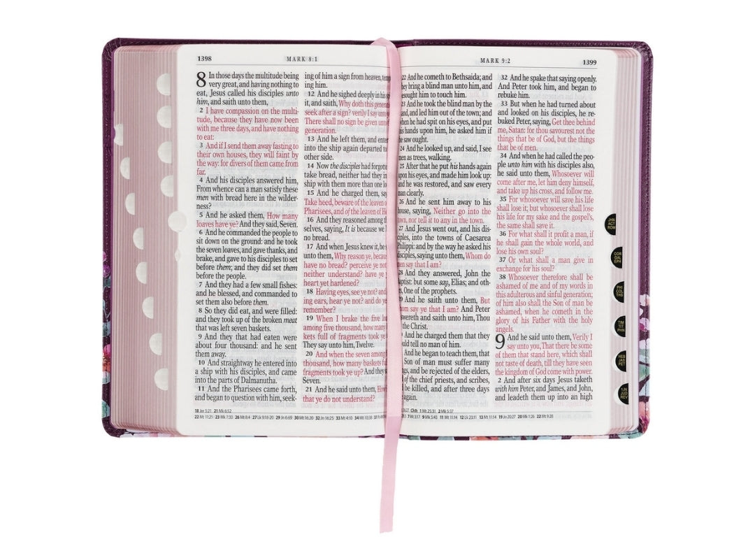 KJV Giant Print Standard Size Bible with Thumb Index: Purple floral faux leather