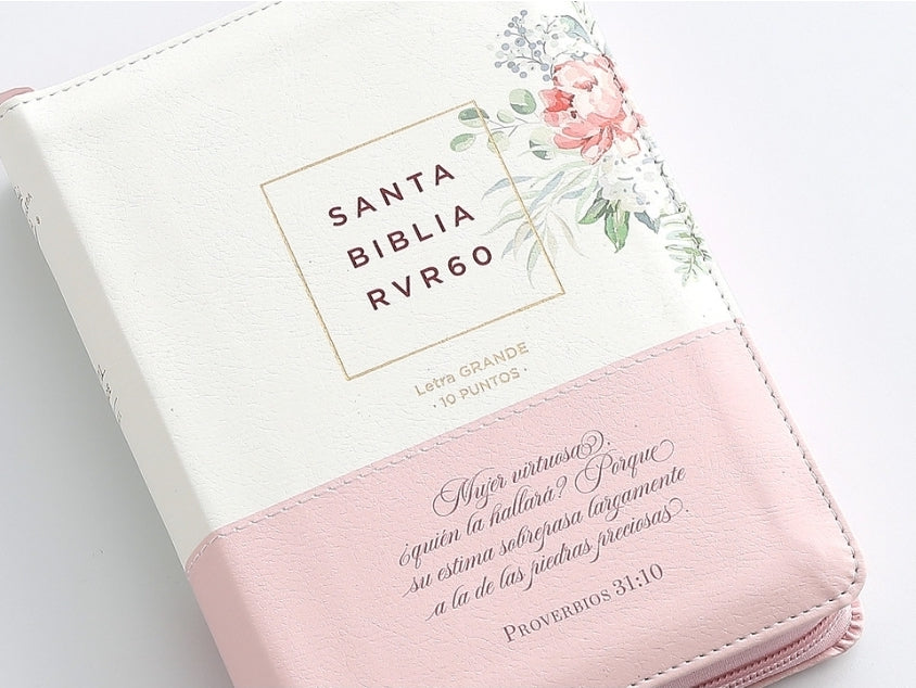 Biblia Mujer Virtuosa con Cierre Compacta 10 puntos RV1960 imit piel blanca floral con índice