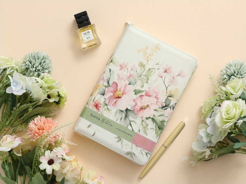 Biblia con Cierre Letra Gigante Manual 14 puntos RV1960 imit piel vintage flores rosas con índice y canto floral