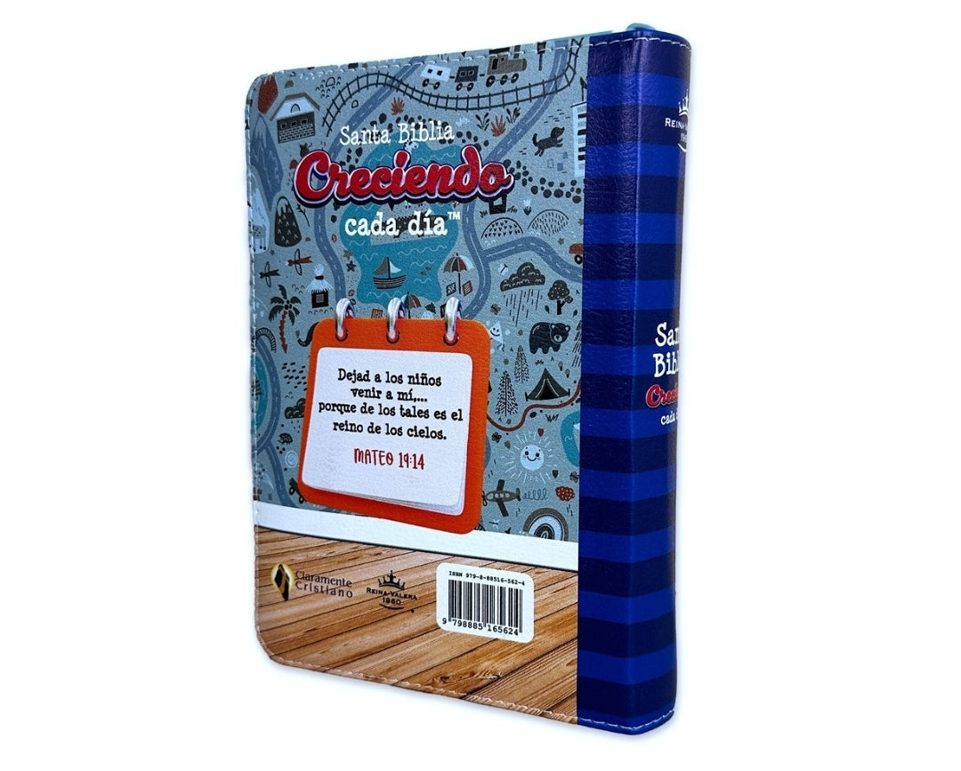 Biblia para Niños Creciendo cada Día compacta con Cierre RV1960 imit piel azul y gris