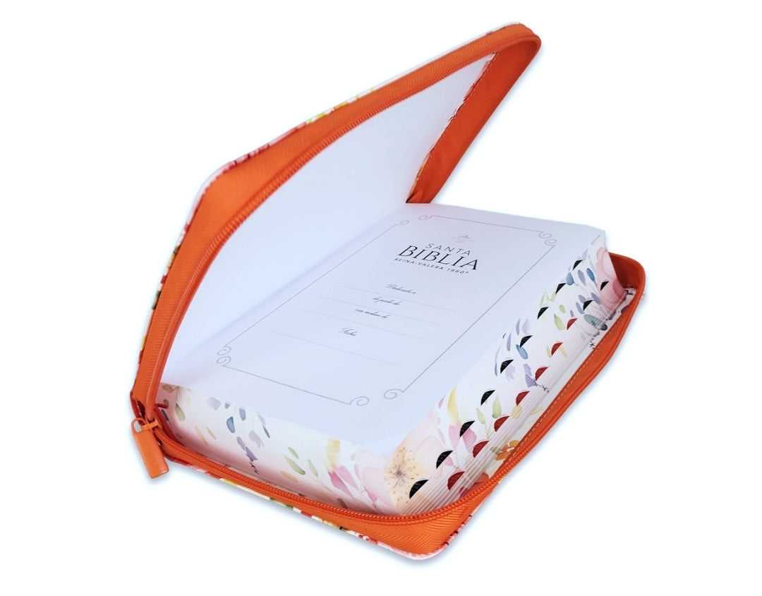 Biblia con Cierre Letra Gigante Manual 14 puntos RV1960 imit piel coral fantasía floral con índice y canto floral
