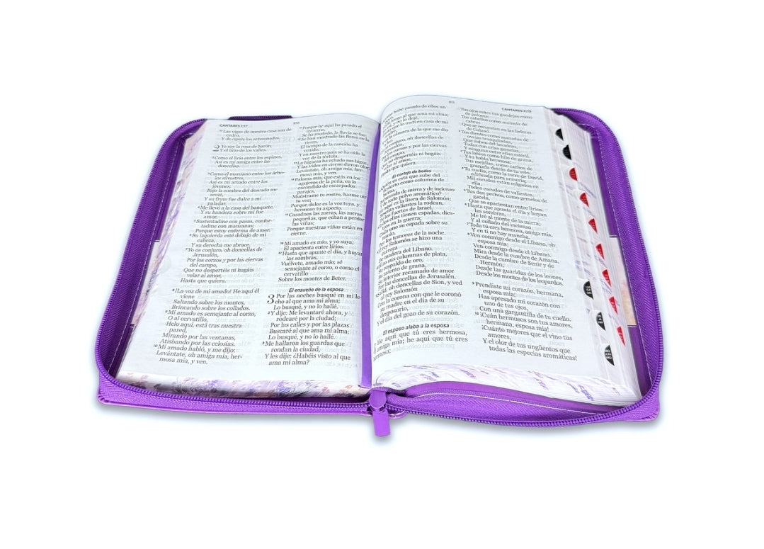 Biblia con Cierre Letra Grande 12 puntos para Mujer RV1960 imit. piel lila floral con índice y canto floral lila