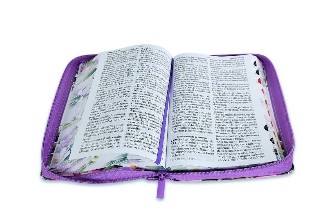Biblia con Cierre Letra Gigante Manual 14 puntos RV1960 imit piel flores púrpura con índice y canto floral