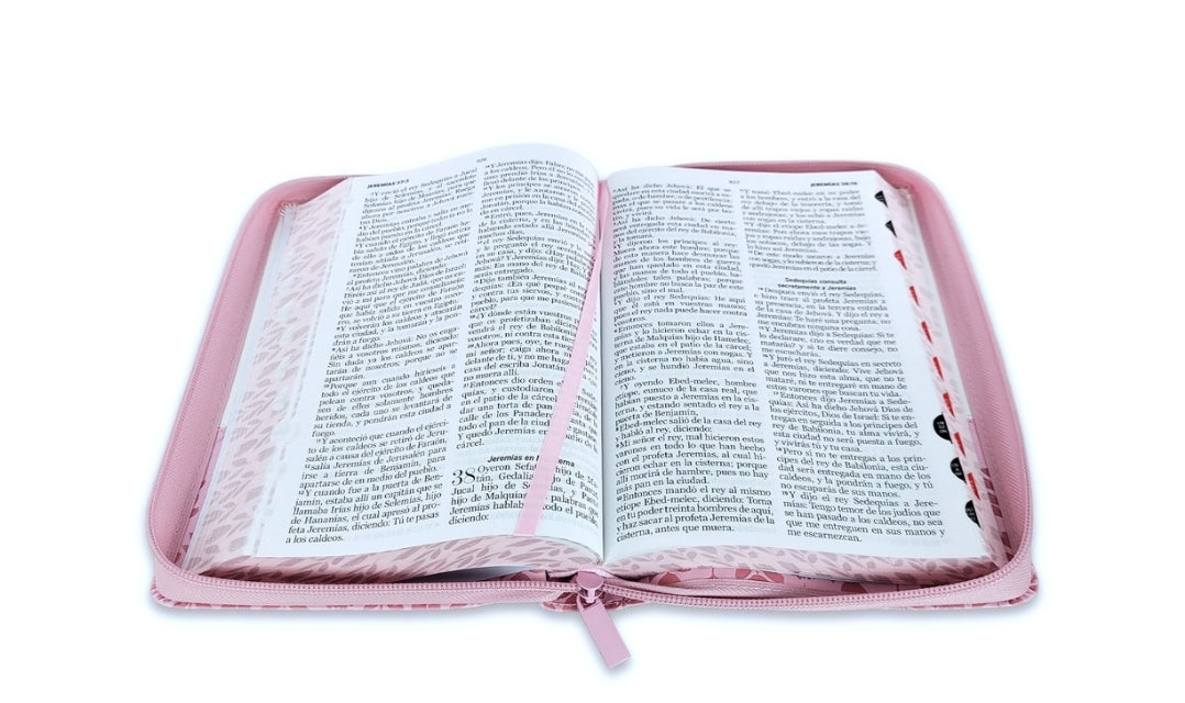 Biblia con Cierre Letra Grande 12 puntos RV1960 imit piel floral rosa y blanco con índice y canto floral - Mujer Virtuosa