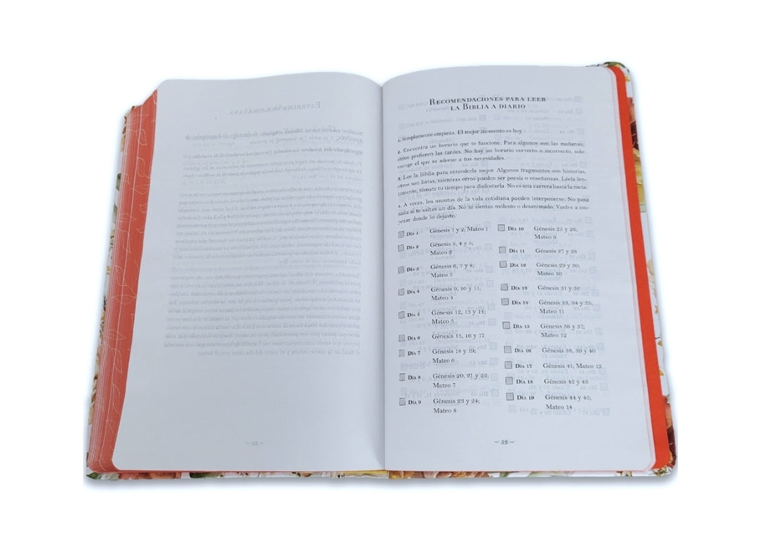 Biblia Tamaño Manual RV1960, tapa dura blanco y coral con canto floral