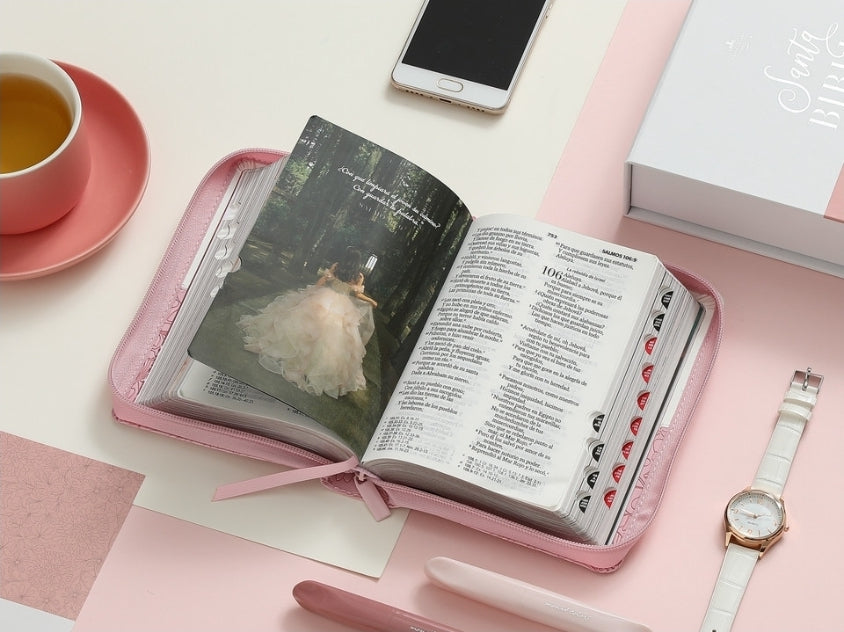 Biblia Quinceañera con Cierre y con Caja de Regalo RV1960 imit. piel rosa plateado con índice