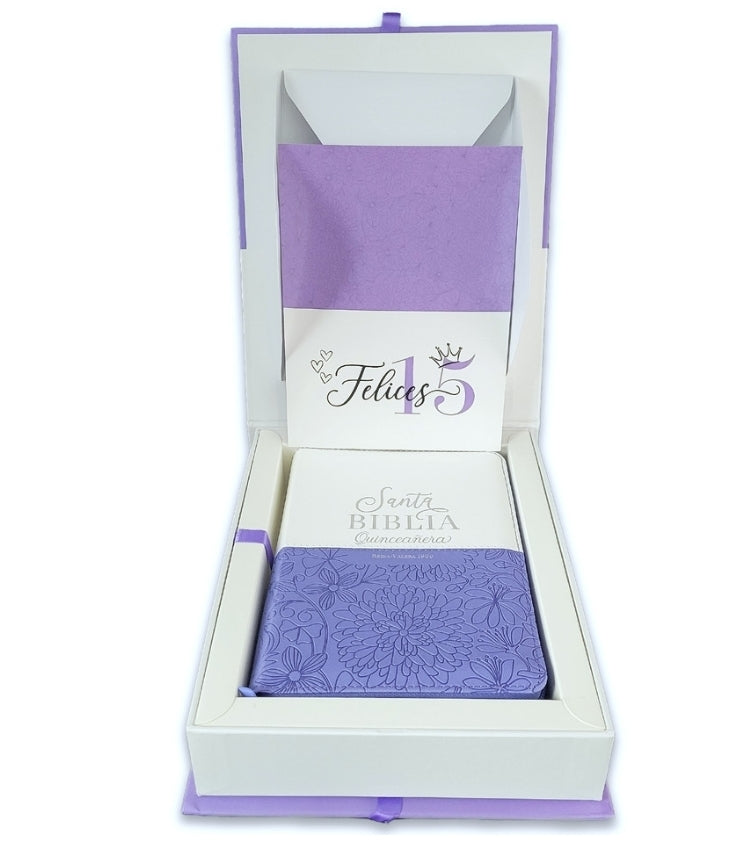 Biblia Quinceañera con Cierre y con Caja de Regalo RV1960 imit. piel lila con índice