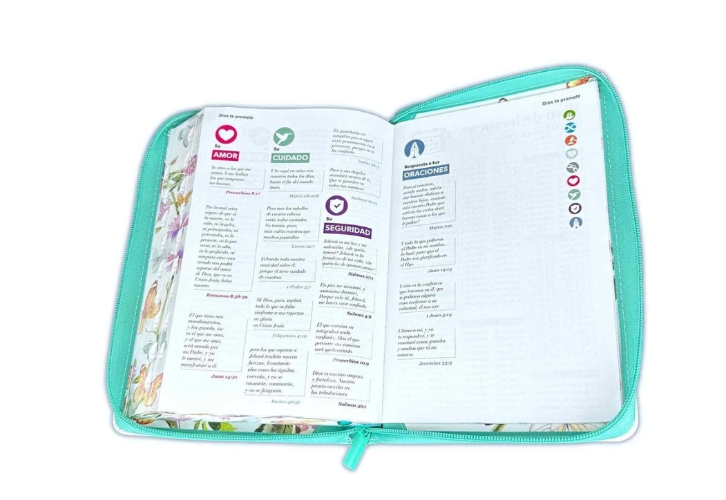 Biblia con Cierre Letra Grande 12 puntos RV1960 imit. piel floral/mariposas turquesa con índice y canto floral