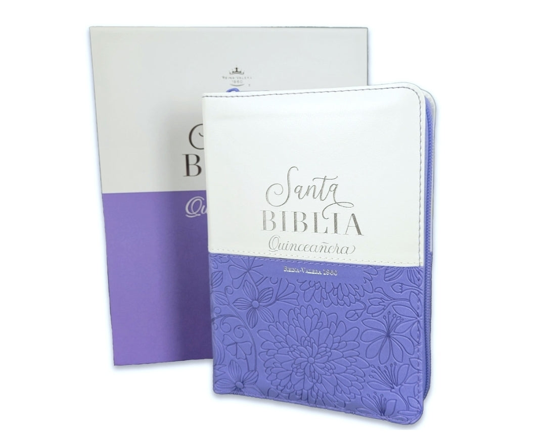 Biblia Quinceañera con Cierre y con Caja de Regalo RV1960 imit. piel lila con índice