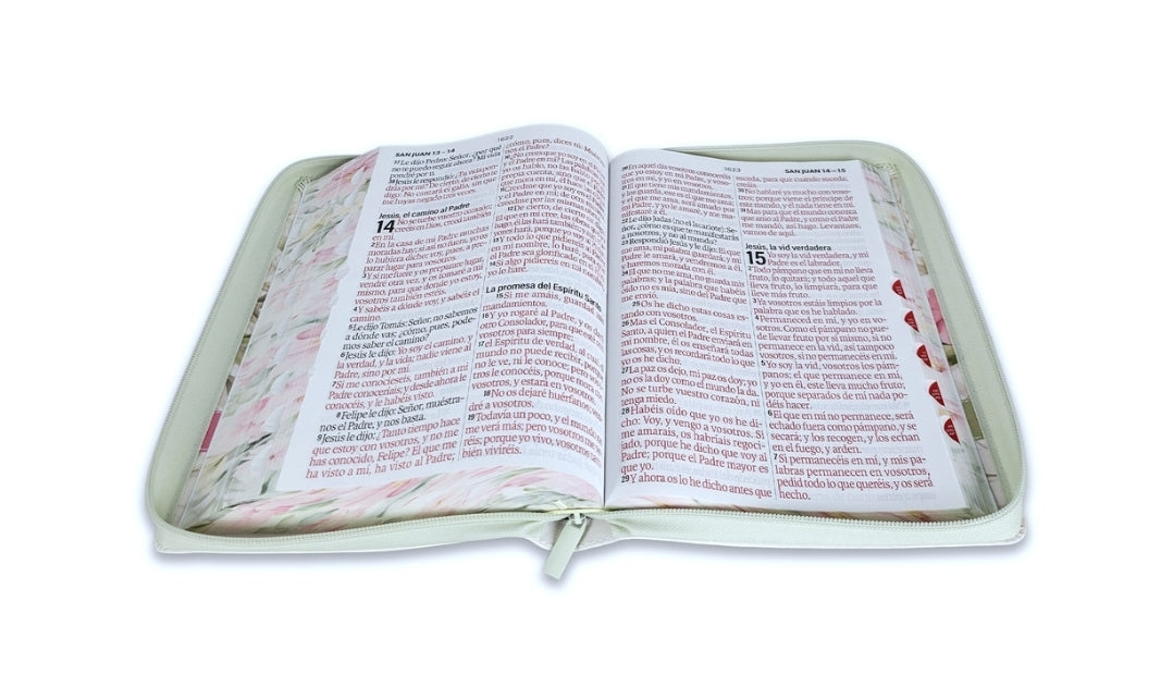 Biblia con Cierre Letra Súper Gigante 19 puntos Mediana RV1960 imit piel flores en primavera con índice y canto floral